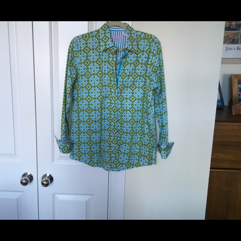 Tizzie Medium button down teal and lime green cotton/lycra shirt, French cuffs.